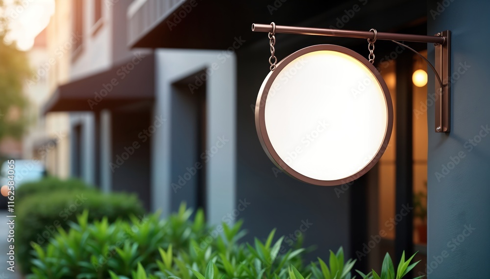 Aufkleber blank circular sign hangs outside building. modern design mockup template for business signage. exte