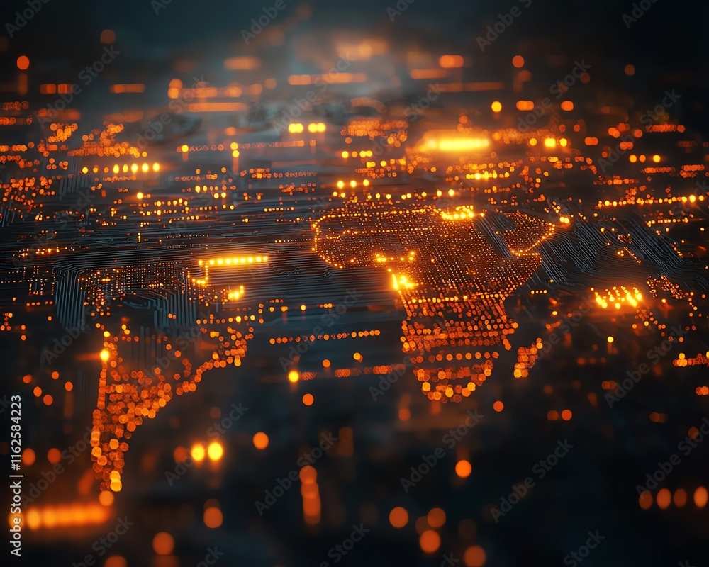 Poster an impactful 3d visualization of a digital world map with glowing lights and network lines, symboliz