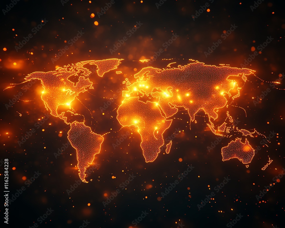 Poster an impactful 3d visualization of a digital world map with glowing lights and network lines, symboliz
