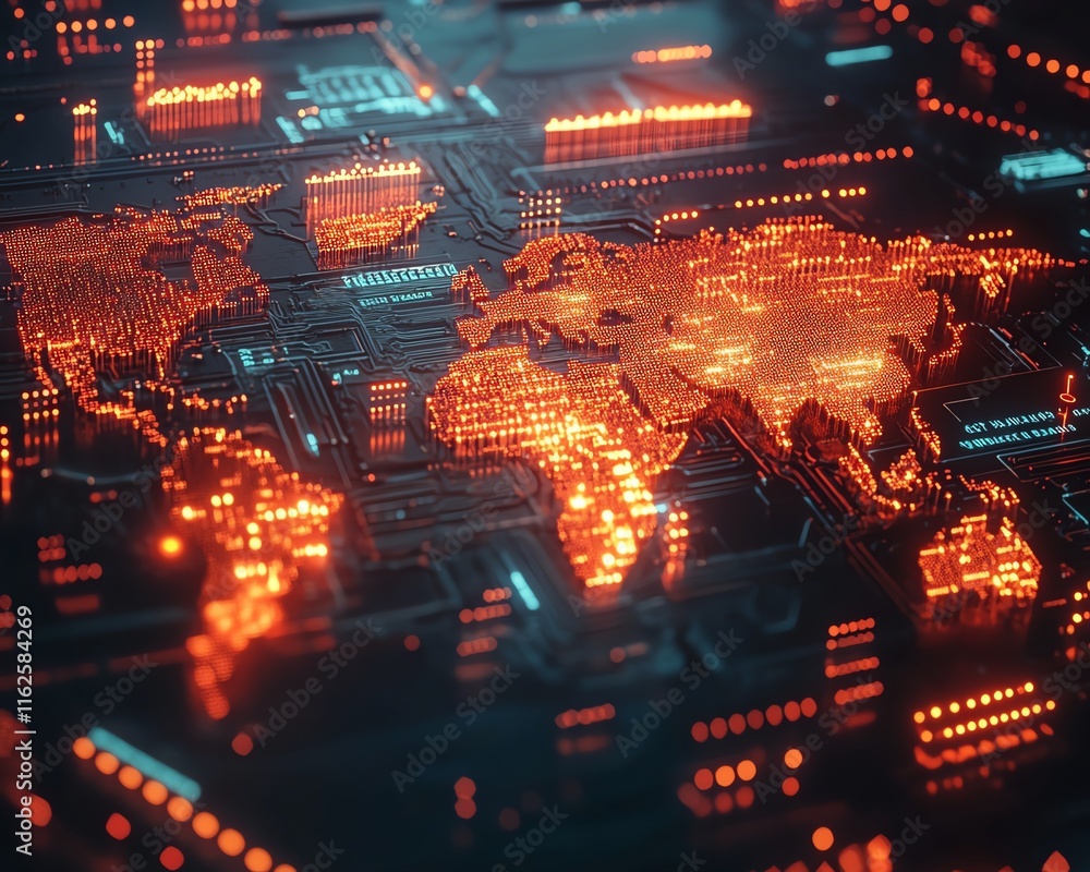 Poster an impactful 3d visualization of a digital world map with glowing lights and network lines, symboliz