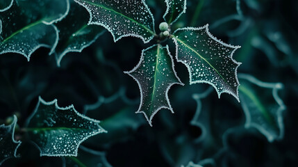 A close-up of frosty holly leaves capturing the essence of winter's beauty. The icy texture adds a refreshing and festive touch to any holiday decoration.