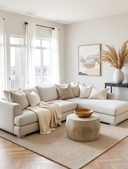 Fototapeta premium Minimalist, scandinavian home interior design of modern living room. Bright family room with modern beige sectional sofa, soft textiles, and large windows overlooking a serene landscape.