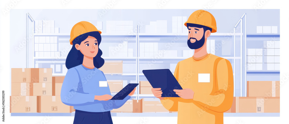 Poster dynamic warehouse teamwork concept with employees discussing tasks