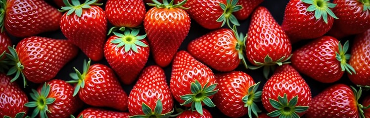 Many fresh red strawberries arranged closely together show vibrant red color, green leaves. Top...