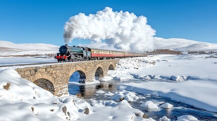 Naklejka premium Steam Train on Snow Covered Bridge in Winter Landscape