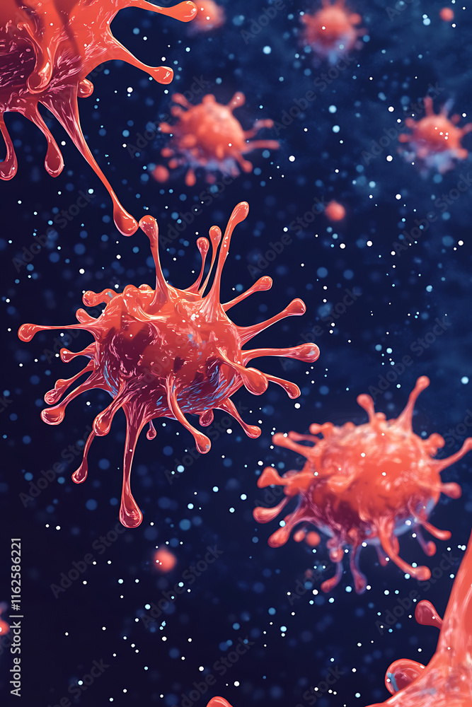 Poster abstract representation of viruses in a colorful and dynamic environment.