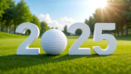 2025 Golf Season New Year, New Game, Green Fairway, Golf ball with white letter 2025 on a golf field background, 2025 new year sport concept.