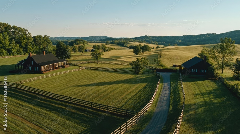 Wall mural Overhead view of serene country farms, divided by brick fences, surrounded by rolling hills under clear skies