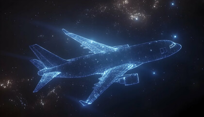 Futuristic digital airplane design, glowing lines against starry night sky.  Perfect for travel, technology, and innovation concepts.