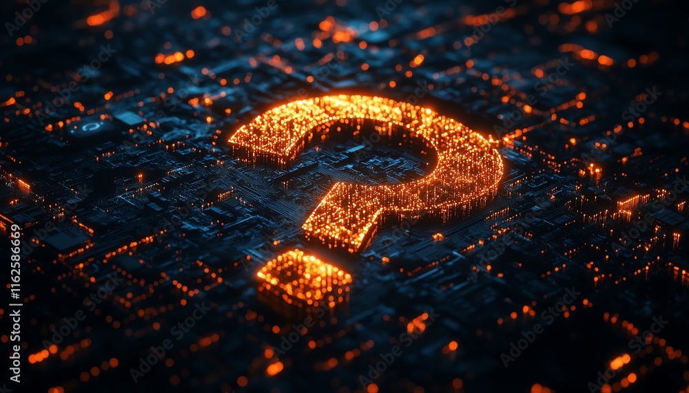 Poster an elegant 3d visualization of a glowing question mark network, with interconnected nodes and digita