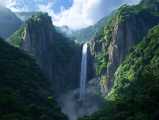 Majestic waterfall cascading down rocky cliffs surrounded by lush greenery, creating serene and breathtaking natural landscape
