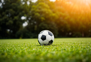 Fototapeta premium A classic black and white soccer ball rests on a vibrant green grass field. The background is softly blurred, showcasing a sunny day and lush trees.