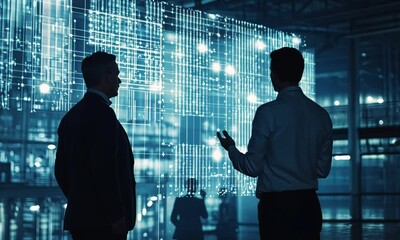 Business colleagues discussing innovative technology solutions while analyzing digital data projections in a modern office environment, showcasing teamwork and collaboration.