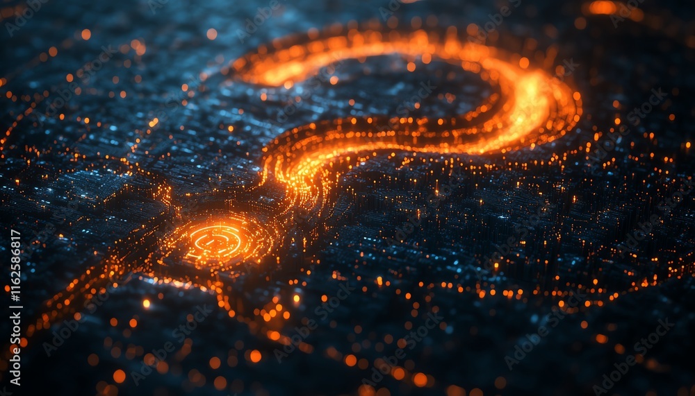 Poster an elegant 3d visualization of a glowing question mark network, with interconnected nodes and digita