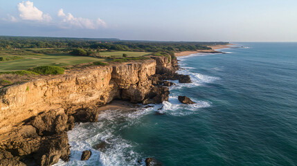 Obraz premium Scenic coastal cliffs with crashing waves, lush greenery, and serene beach view. This picturesque landscape captures beauty of nature and tranquility