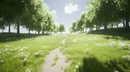 Serene summer path through sunlit meadow, lined with lush green trees; idyllic, peaceful nature scene.