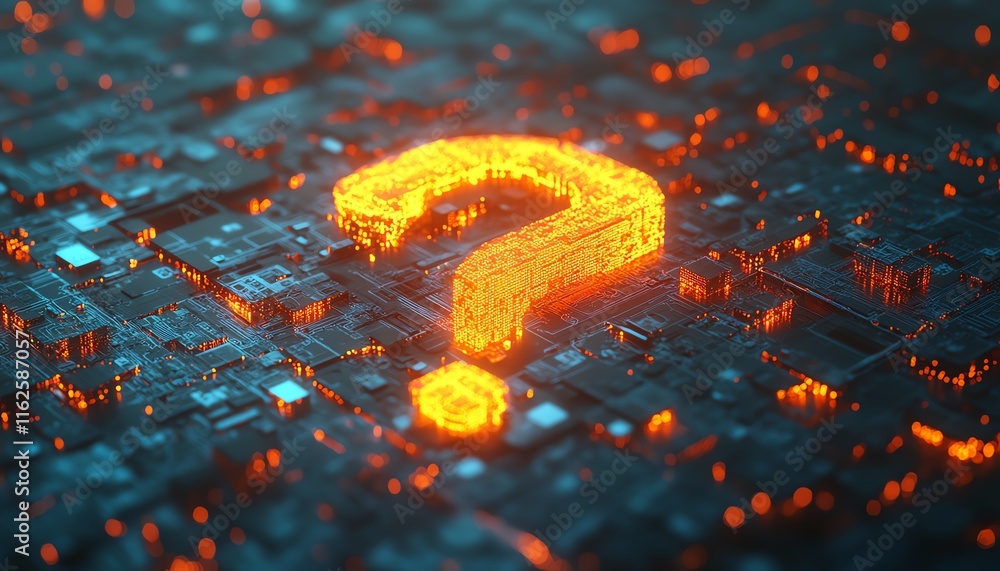Poster a 3d rendering of a glowing question mark network illustration, with interconnected nodes and vibran
