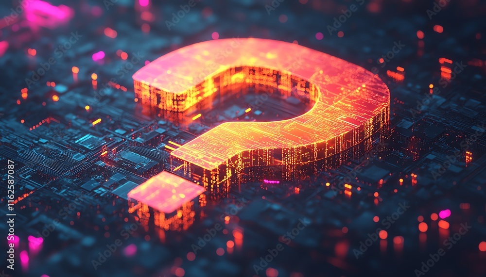 Poster a 3d rendering of a glowing question mark network illustration, with interconnected nodes and vibran