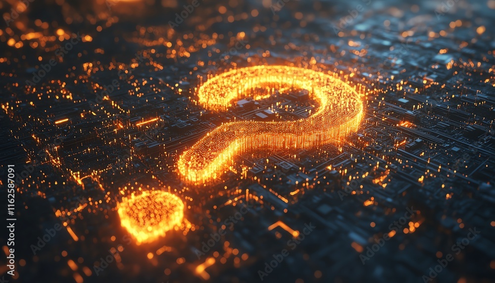 Poster a 3d rendering of a glowing question mark network illustration, with interconnected nodes and vibran