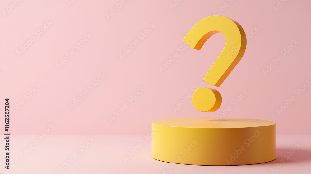 Poster exploring curiosity question mark on yellow base in soft pink background abstract conceptual art