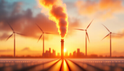 Futuristic sustainability concept with smoke from chimney and wind turbines at sunset, highlighting contrast between pollution and clean energy
