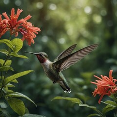 Fototapeta premium A hummingbird hovering near a flower in a lush green forest.