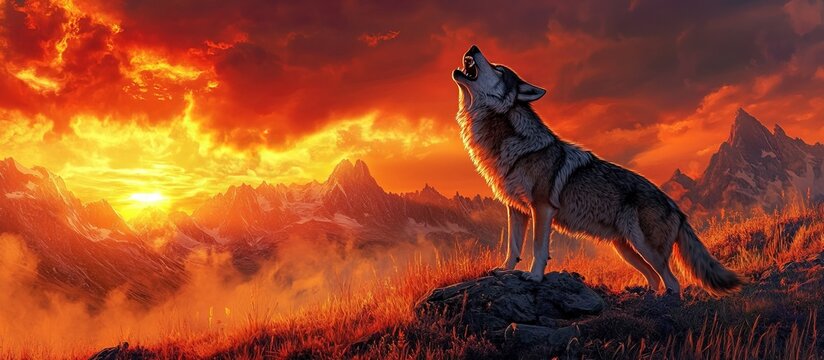 Majestic wolf howling at fiery sunset over mountain range.