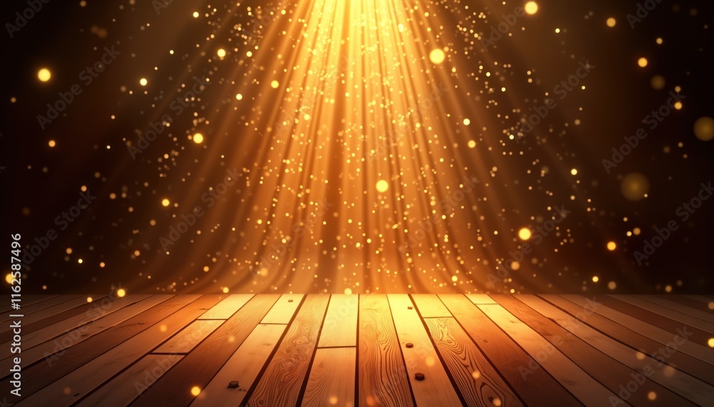 Poster luxury stage background with golden particle neon spotlights. bright yellow light beams shine on woo
