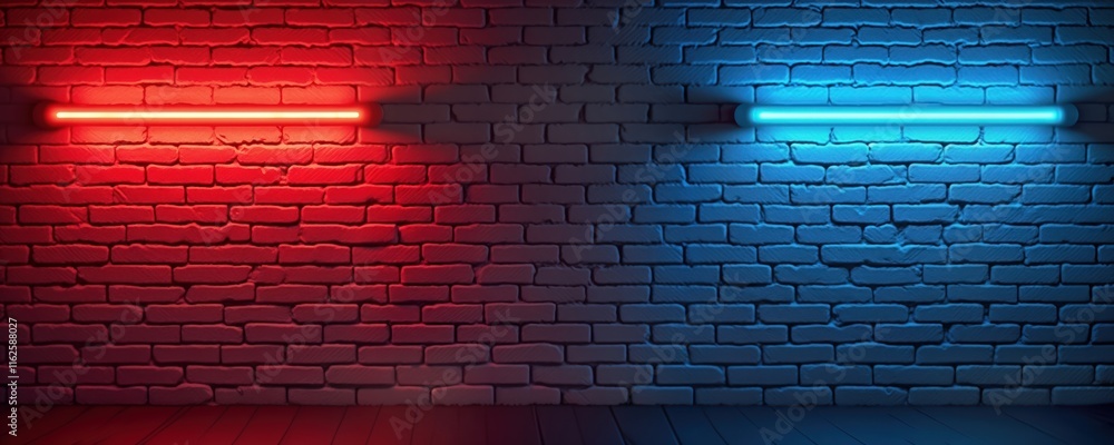 Poster brick wall illuminated by red, blue neon lights. gradient effect on wall. studio shot. empty space. 