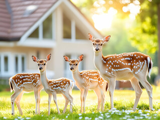 Adorable family of Axis deer in sunlit garden, near a modern house.  Perfect for nature, wildlife, or family themes.