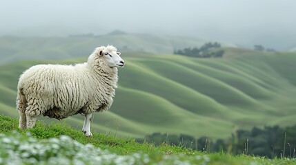 A serene sheep stands on a lush green hill, surrounded by soft rolling landscapes.