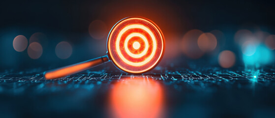 Fototapeta premium glowing target board under magnifying glass, symbolizing focus and precision