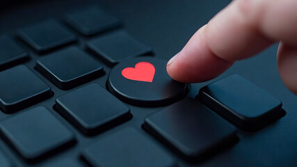 Close-up of a finger pressing a key with a heart icon. Online dating concept.