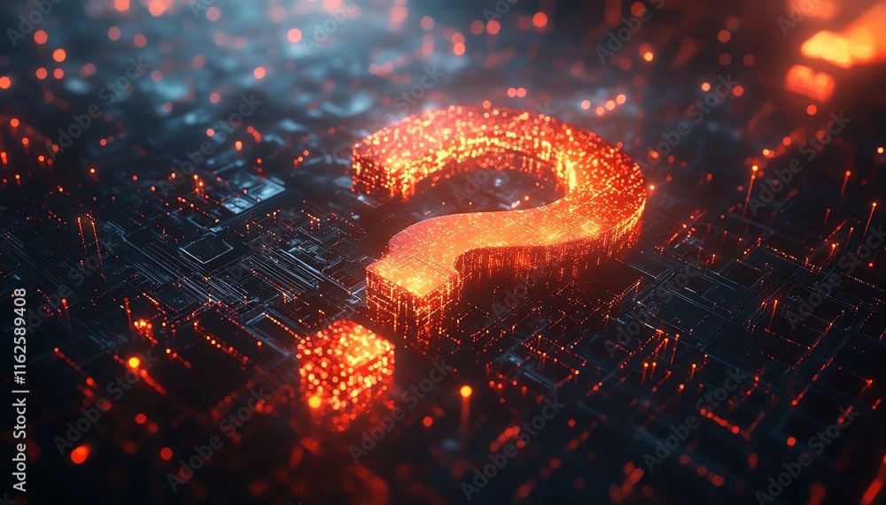 Poster a dynamic 3d design of a question mark network illustration, featuring interconnected digital nodes 