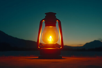 Illuminated oil lantern at dusk, casting warm glow against a mountain backdrop.  Perfect for themes of adventure, hope, and exploration.