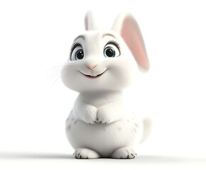 Adorable 3D-rendered white rabbit sitting, looking up with big blue eyes and a happy expression against a white background.