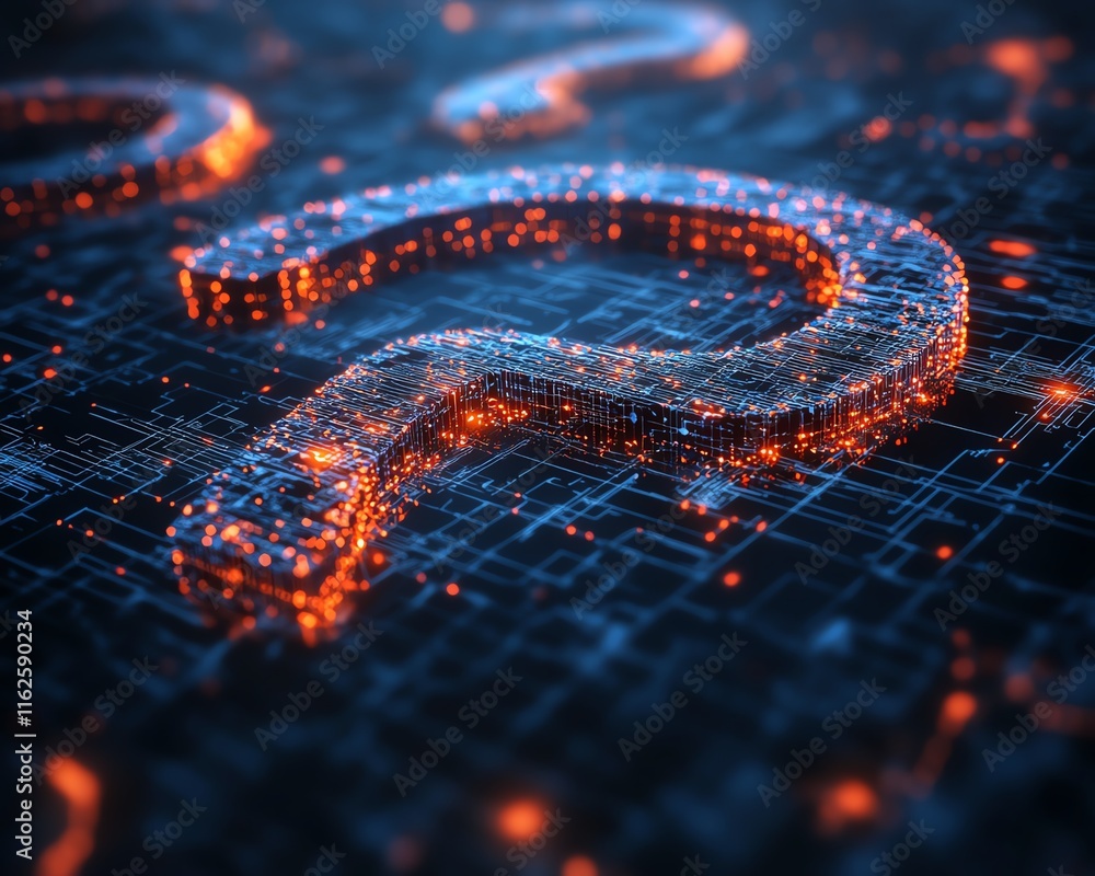 Poster a futuristic 3d visualization of a question mark symbol made of interconnected lines and nodes, repr