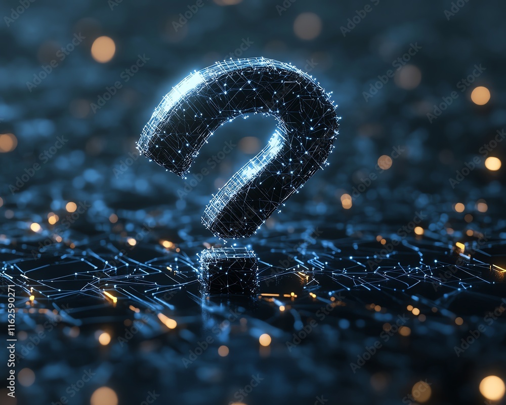 Poster a futuristic 3d visualization of a question mark symbol made of interconnected lines and nodes, repr
