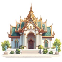 Fototapeta premium A vibrant illustration of a traditional Thai temple, showcasing intricate architectural details and lush landscaping.