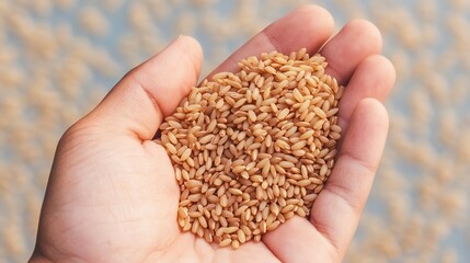 close-up of freshly harvested rice grains in hand their golden hue glowing under natural light with blurred water patterns