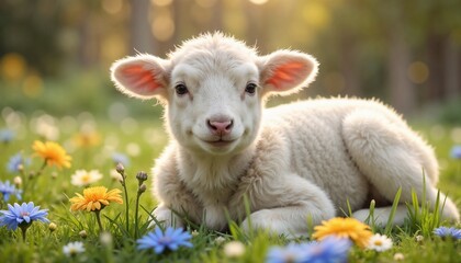 Fototapeta premium Cute lamb lying in a field of colorful flowers with a happy expression in sunlight