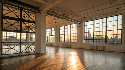 Spacious empty loft with sunlight and city skyline view