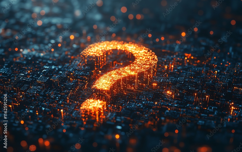 Poster a hightech 3d rendering of a question mark network, with illuminated nodes and dynamic digital conne