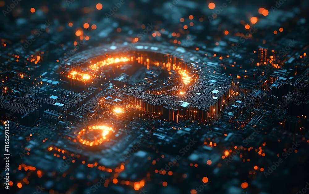Poster a hightech 3d rendering of a question mark network, with illuminated nodes and dynamic digital conne