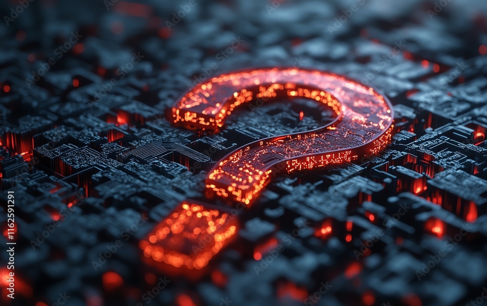 Poster a hightech 3d rendering of a question mark network, with illuminated nodes and dynamic digital conne