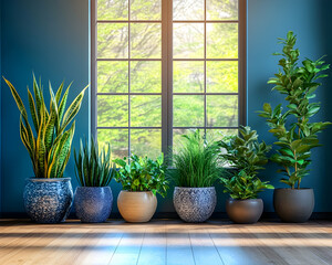 Vibrant indoor plants in stylish pots arranged by a sunlit window against a deep blue wall, creating a serene and modern home decor scene.