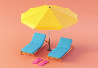 Relaxing Summer Beach Scene: Two Loungers, Yellow Umbrella, Pink Flip-Flops