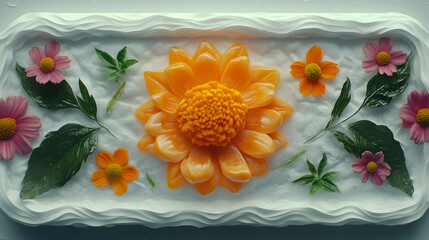 Intricate floral arrangement featuring a large orange dahlia and smaller cosmos flowers, artfully arranged on a textured white surface.
