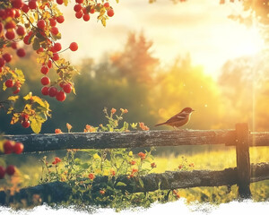 Serene sunrise scene featuring a bird perched on a rustic wooden fence amidst blooming wildflowers and a fruit-bearing tree.  A tranquil, idyllic rural landscape bathed in warm golden light.
