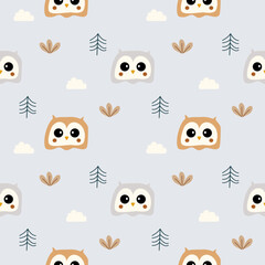 Face owl cartoon so cute. On tree grass cloud background. Pattern seamless vector illustration. 
